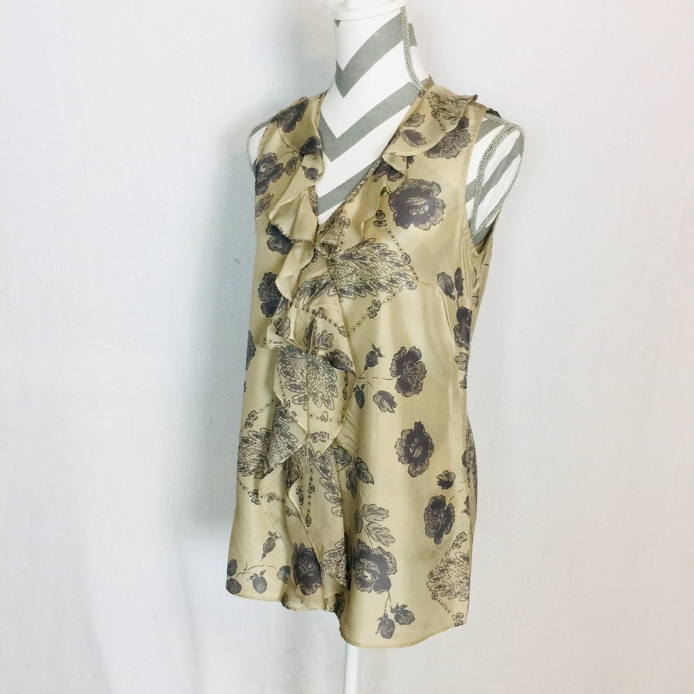 CAbi Silk Floral Blouse Ruffle V neck Sleeveless
